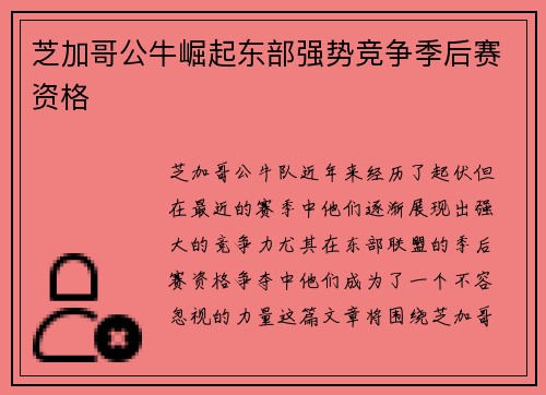 芝加哥公牛崛起东部强势竞争季后赛资格 芝加哥公牛崛起东部强势竞争季后赛资格